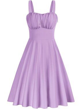 Women's Lavender Vintage A-Line Midi Cocktail Tea Party Wedding Guest Dress
